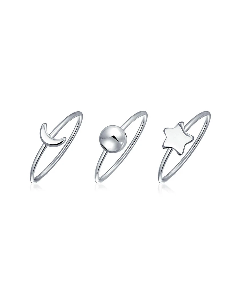 Bling Jewelry Minimalist Delicate Sun Moon Star Knuckle Thin 1MM Band Stackable Celestial Midi Three Ring Set .925 Sterling Silver
