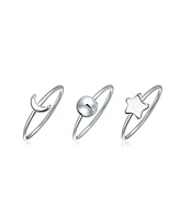 Bling Jewelry Minimalist Delicate Sun Moon Star Knuckle Thin 1MM Band Stackable Celestial Midi Three Ring Set .925 Sterling Silver