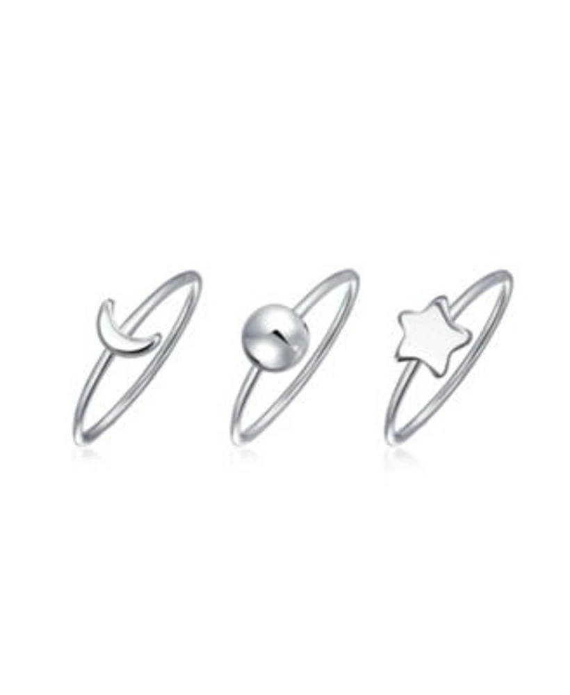 Bling Jewelry Minimalist Delicate Sun Moon Star Knuckle Thin 1MM Band Stackable Celestial Midi Three Ring Set .925 Sterling Silver