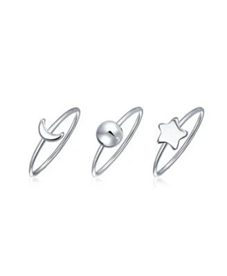 Bling Jewelry Minimalist Delicate Sun Moon Star Knuckle Thin 1MM Band Stackable Celestial Midi Three Ring Set .925 Sterling Silver