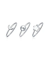 Bling Jewelry Minimalist Delicate Sun Moon Star Knuckle Thin 1MM Band Stackable Celestial Midi Three Ring Set .925 Sterling Silver
