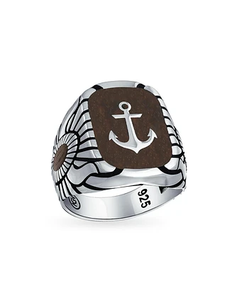 Bling Jewelry Nautical Etched Brown Wood Inset Large Boat Anchor Signet Ring Solid .925 Sterling Silver