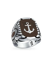 Bling Jewelry Nautical Etched Brown Wood Inset Large Boat Anchor Signet Ring Solid .925 Sterling Silver