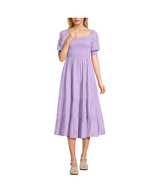 Lands' End Women's Smocked Cotton Dobby Midi Puff Sleeve Dress