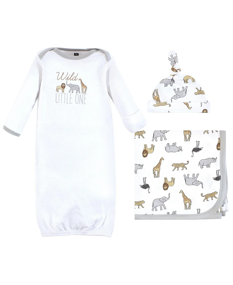 Hudson Baby Baby Boys Hudson Gown, Swaddle Blanket and Cap or Headband, Modern Neutral Safari, 0-6 Months
