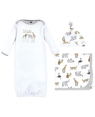 Hudson Baby Baby Boys Hudson Gown, Swaddle Blanket and Cap or Headband, Modern Neutral Safari, 0-6 Months