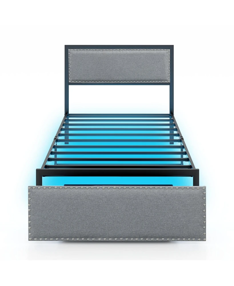 Twin Size Bed Frame with Led Lights Drawer and Metal Slats-Twin Size
