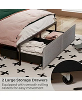 Full Size Bed Frame with Led Lights Drawer and Metal Slats-Full Size