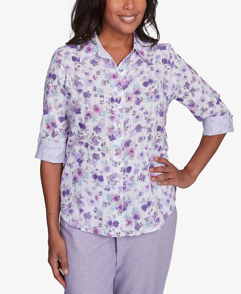 Alfred Dunner Women's Crystal Springs Floral Contrast Cuff Button Down Top