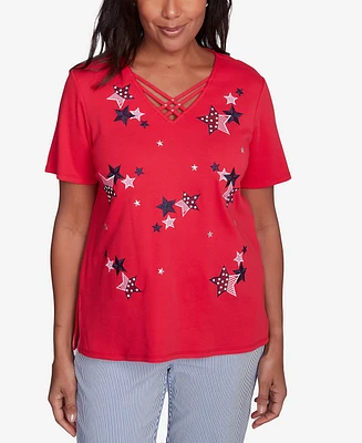 Alfred Dunner Women's Land of The Free Embroidered Stars Crisscross V-Neck T-Shirt