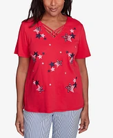 Alfred Dunner Women's Land of The Free Embroidered Stars Crisscross V-Neck T-Shirt