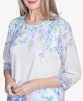 Alfred Dunner Women's St. Thomas Textured Sky Blue Floral Border Crew Neck Top