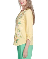 Alfred Dunner Women's Rise Shine Sunny Floral Embroidered Split Neck Top