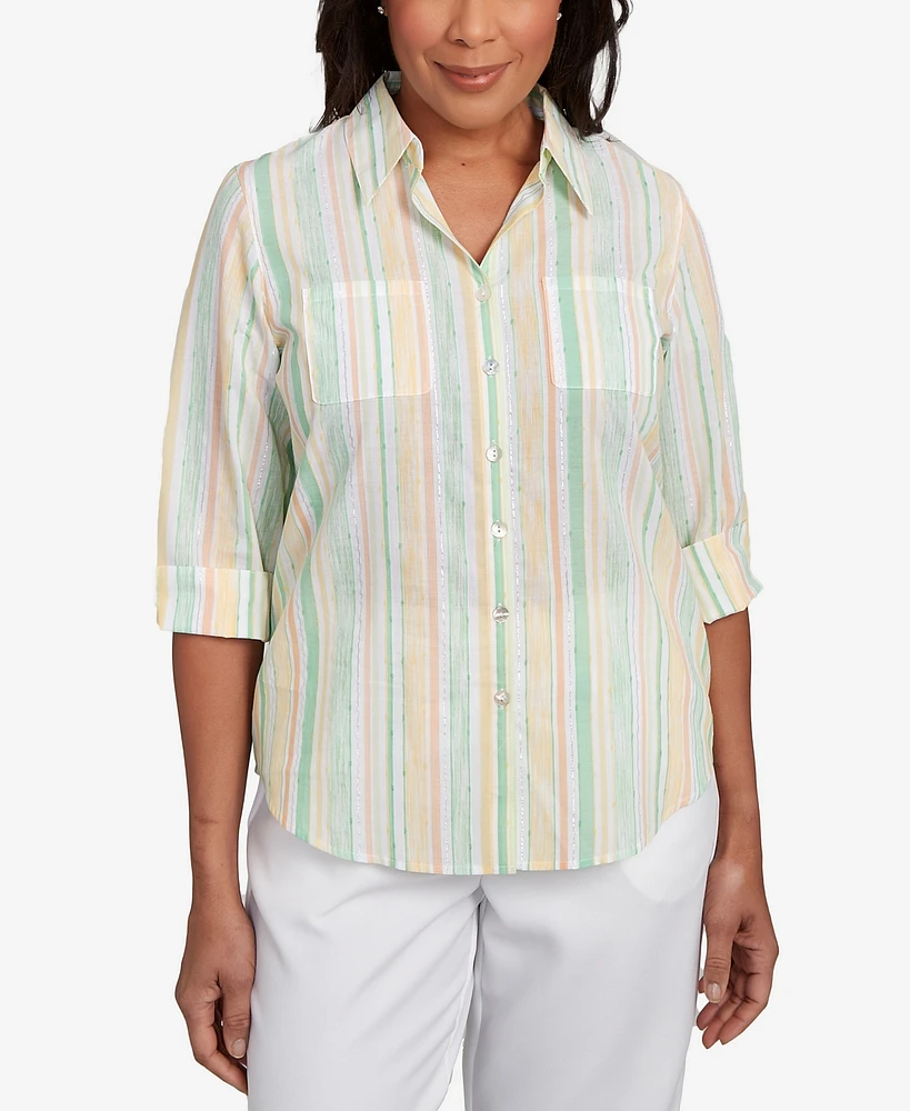 Alfred Dunner Women's Rise Shine Sunny Stripes Button Down Collared Neckline Top