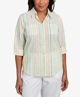 Alfred Dunner Women's Rise Shine Sunny Stripes Button Down Collared Neckline Top