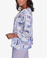 Alfred Dunner Women's Crystal Springs Watercolor Plaid Lace Neck Top