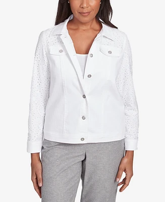 Alfred Dunner Women's Crystal Springs Eyelet Denim Collared Neck Jacket