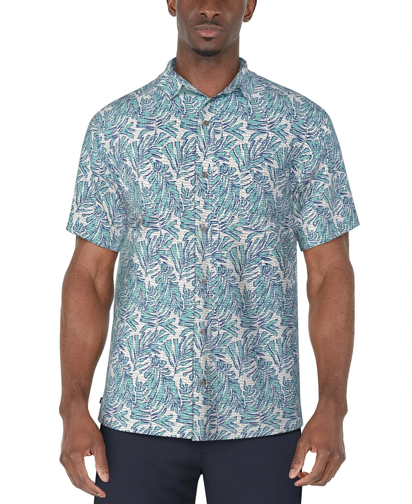 Pga Tour Men's Short Sleeve Seersucker Palm Print Golf Polo Shirt