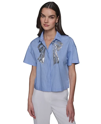 Karl Lagerfeld Paris Women's Sequin-Bow Poplin Button-Front Top