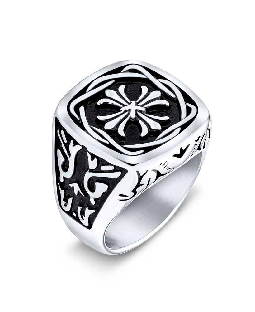 Bling Jewelry Large Statement Medieval Mens Religious Ancient Viking Maltase Fleur De Lis Cross Square Signet Band Ring Oxidized Silver Tone Stainless