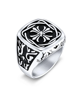 Bling Jewelry Large Statement Medieval Mens Religious Ancient Viking Maltase Fleur De Lis Cross Square Signet Band Ring Oxidized Silver Tone Stainless