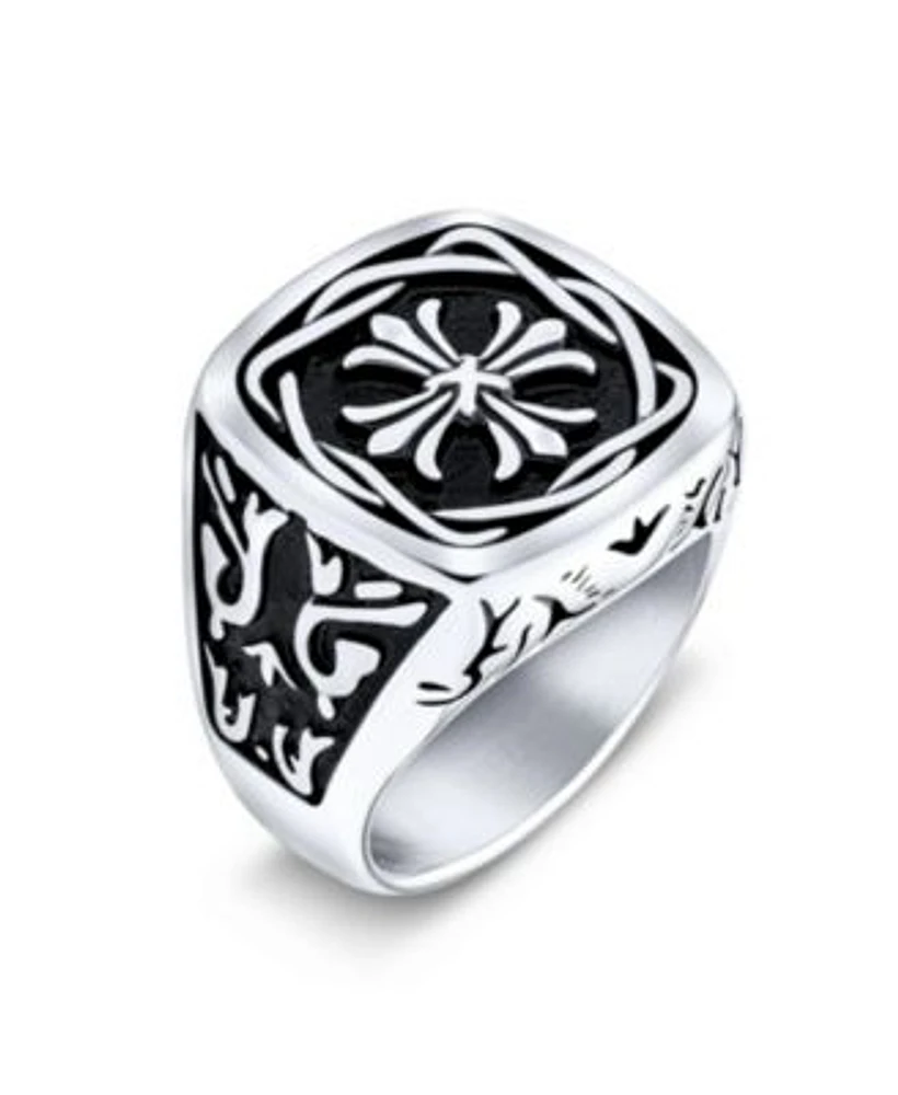 Bling Jewelry Large Statement Medieval Mens Religious Ancient Viking Maltase Fleur De Lis Cross Square Signet Band Ring Oxidized Silver Tone Stainless Steel
