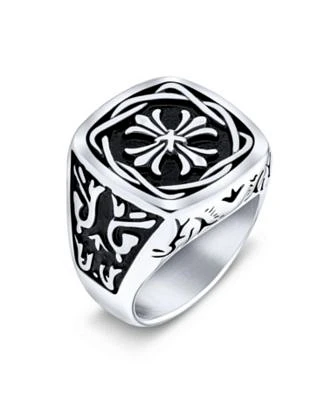 Bling Jewelry Large Statement Medieval Mens Religious Ancient Viking Maltase Fleur De Lis Cross Square Signet Band Ring Oxidized Silver Tone Stainless Steel