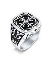 Bling Jewelry Large Statement Medieval Mens Religious Ancient Viking Maltase Fleur De Lis Cross Square Signet Band Ring Oxidized Silver Tone Stainless Steel