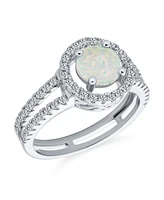 Bling Jewelry Pave Cz Halo Circle 3CT Round Solitaire Created White Opal Promise Ring With Split Shank Band & Side Stone Accent Ring .925 Sterling Sil
