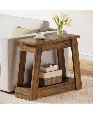 Tribesigns Wood End Table, Small Side Table with 2 Storage Shelves, Rustic Accent Narrow Nightstand for Living Room, Bedroom