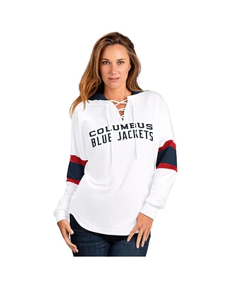 G-iii 4Her by Carl Banks Women's White Columbus Blue Jackets Goal Zone Long Sleeve Lace-Up Hoodie T-Shirt