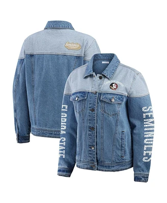 Wear by Erin Andrews Women's Denim Florida State Seminoles Sleeve Hit Color Block Button-Down Jacket