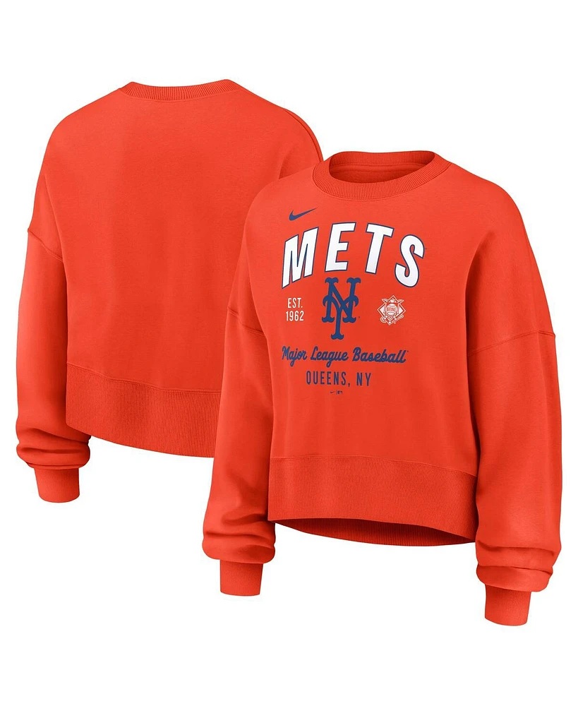 Nike Women's Orange New York Mets Oversized Long Sleeve Cropped Pullover Sweatshirt