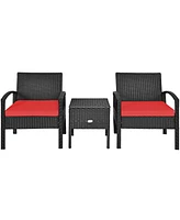 3PC Outdoor Patio Rattan Furniture Set Storage Coffee Table Cushioned Sofa