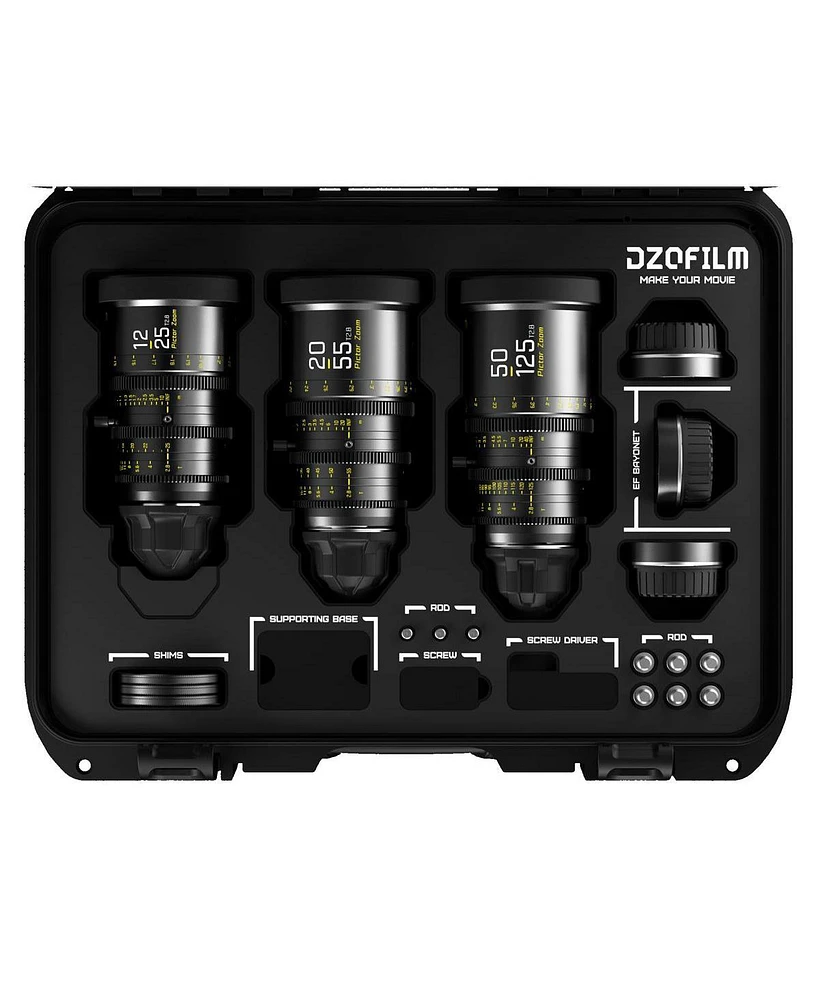 Dzofilm Pictor Zoom 12-25/20-55/50-125mm T2.8 Parfocal Cine 3-Lens Kit for Pl Mount and Canon Ef, Black