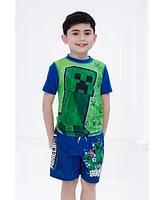 Minecraft Boys Zombie Creeper Alex Steve Rash Guard and Swim Trunks Outfit Set to