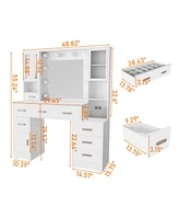 Dyhome Vanity Desk with Mirror and Lights and Charging Station with 7 Drawers & 3 Cabinets
