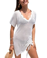 Cupshe Women's Flirty Ruche Beige Cover-Up Mini Beach Dress