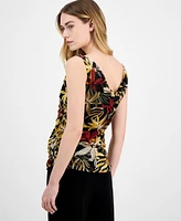 Anne Klein Women's Printed Ruched Draped-Neck Mesh Top