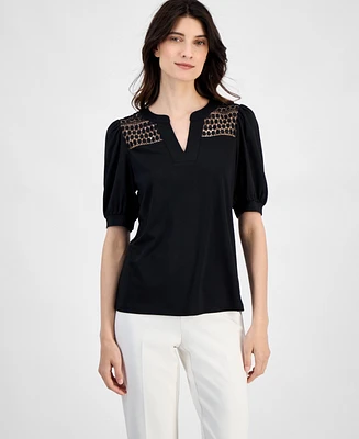 Anne Klein Women's Lace-Inset Puff-Sleeve Blouse