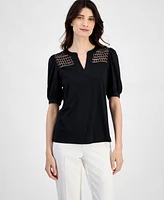 Anne Klein Women's Lace-Inset Puff-Sleeve Blouse
