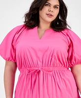 Anne Klein Petite Tiered Puff-Sleeve Split-Neck Midi Dress