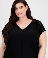 Anne Klein Plus Lace-Trim V-Neck Cap-Sleeve Top