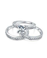 Bling Jewelry Traditional Square 2CT Solitaire Princess Cut Cz 3 Triple Pave Band Guard Inset Enhancers Ring Set .925 Sterling Silver