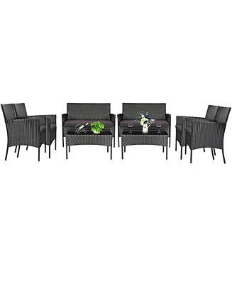 8PCS Patio Rattan Furniture Set Cushioned Sofa Coffee Table Backyard
