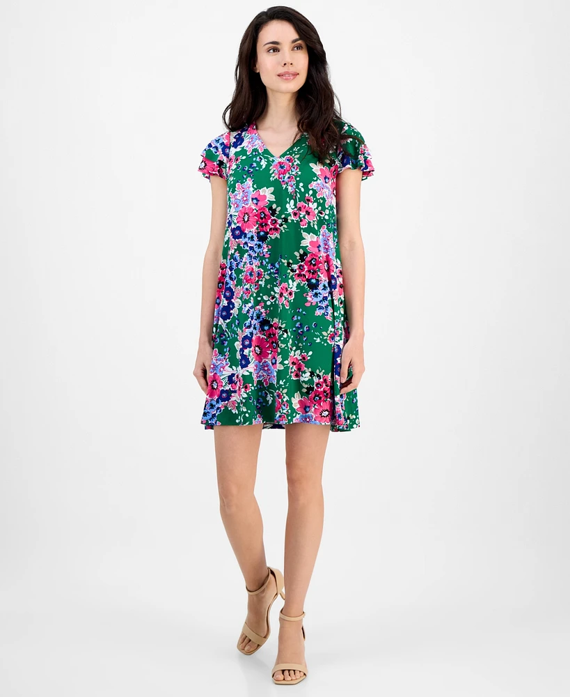Ak Anne Klein Petite Floral-Print Flutter-Sleeve Shift Dress