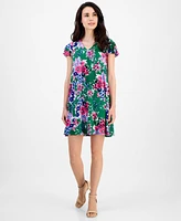 Ak Anne Klein Petite Floral-Print Flutter-Sleeve Shift Dress