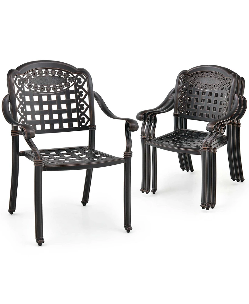 4pcs Patio Cast Aluminum Armrest Chairs Dining Stackable Outdoor Brown