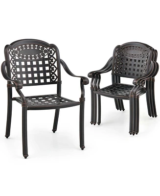 4pcs Patio Cast Aluminum Armrest Chairs Dining Stackable Outdoor Brown