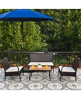 Gymax 4 Piece Rattan Outdoor Furniture Set Patio Conversation Set w/ Cushions